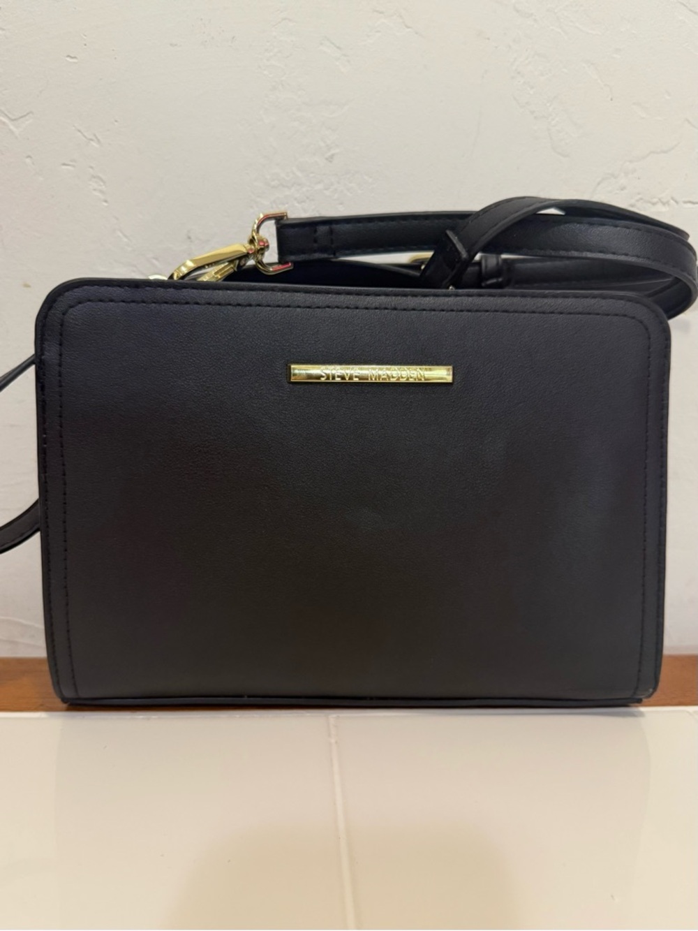 Steve Madden Black Leather Crossbody with Gold Accent